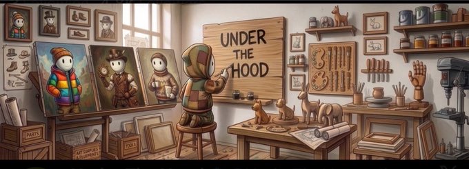 A cozy artist's workshop filled with framed portraits of a character named "Pip," wooden sculptures, paint jars, and shelving, with a large sign reading "UNDER THE HOOD" displayed prominently on the wall. The scene visually represents the @UnderTheHood000 collection, showcasing Pip's creative studio and gallery as described in the accompanying post.