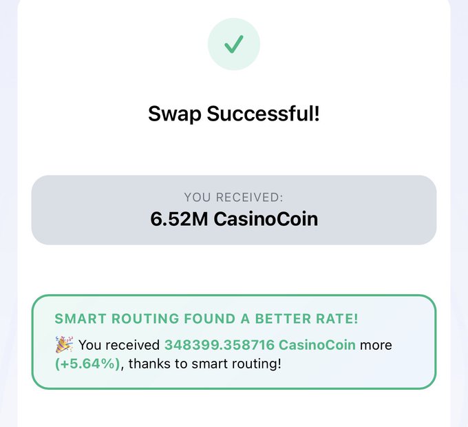 This image shows a successful swap of 6.52M CasinoCoin, with an additional 348,399.358716 CasinoCoin received due to smart routing. The post confirms that @XamanWallet's smart routing added the extra 348K $CSC.