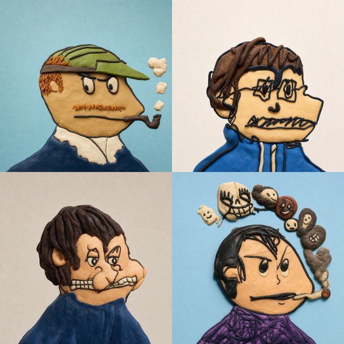 Four cartoonish clay figure portraits with exaggerated facial expressions and smoke puffs, displayed in a 2x2 grid against pastel backgrounds. The collage appears to showcase artistic character creations or collaborations, fitting with the post's theme of featuring artists for GTD (Goorin Trade Day, a notable cap brand) collaboration spots.