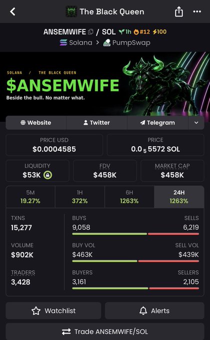 A screenshot of a crypto token page for "$ANSEMWIFE" on the Solana blockchain, showing a market cap of $458K, price of $0.0004585, and 24H volume of $902K, which the post claims could easily reach a 1M market cap.