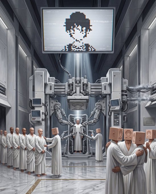 A futuristic sci-fi scene depicting robed figures gathered around a robotic machine, with a pixelated portrait displayed on a screen above."