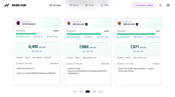 The WURK.FUN platform interface displays job listings from "STATIKHEADZ" and "MEXACLAW" with progress bars, $WURK rewards (8,418, 7,589, 7,371), and requirements like "Req: WURK >= 100,000" and "Req: Seeker user."