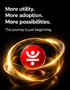 A promotional image with the text 'More utility. More adoption. More possibilities. The journey is just beginning.' featuring a red logo orb surrounded by a glowing golden ring.