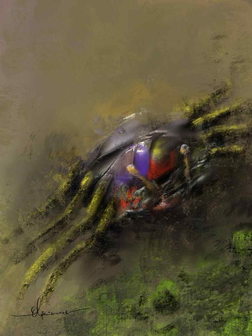 A surreal painting featuring a creature with large purple and red eyes partially obscured by tendril-like structures, set against a muted olive-green background with a signature at the bottom.