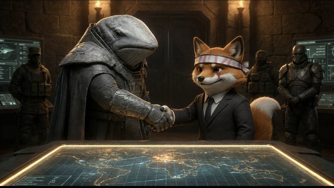 A reptilian armored figure shakes hands with a fox in a business suit and headband across a glowing world map table, flanked by uniformed guards in a stone-walled command room. The image humorously frames the new team member welcome as a high-stakes tactical alliance, using the dramatic handshake and global map backdrop to playfully elevate the onboarding of @solquicks.