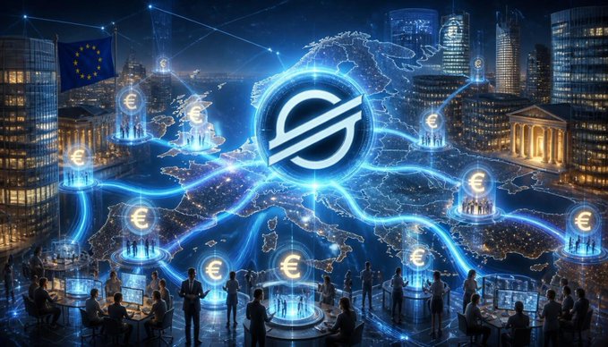 A futuristic digital cityscape features the Stellar (XLM) logo at its center, surrounded by glowing euro (€) symbols, a European Union flag, and silhouettes of business professionals working at terminals, all connected by luminous blue lines tracing across a world map—visually representing Europe's adoption of Stellar-powered blockchain payroll and the EURAU stablecoin initiative highlighted in the post.