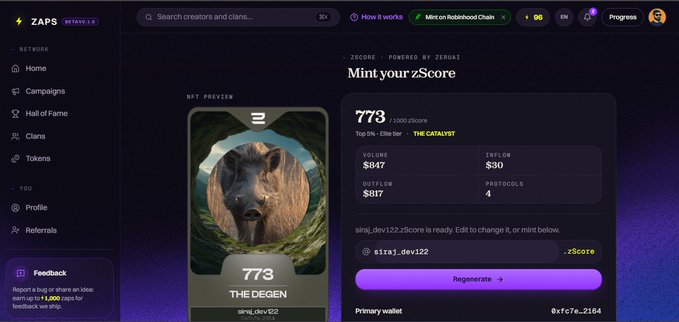 The image shows the ZAPS NFT platform interface displaying "ZSCORE POWERED BY ZERUS" with a score of 773, where the NFT preview shows "THE DEGEN" with details including an Elba for "THE CATALYST" series, volume of $847, and a mint price of $30 on the Robinhood Chain—visually illustrating the zScore system that determines eligibility for the Zerus freemint whitelist based on trading history.