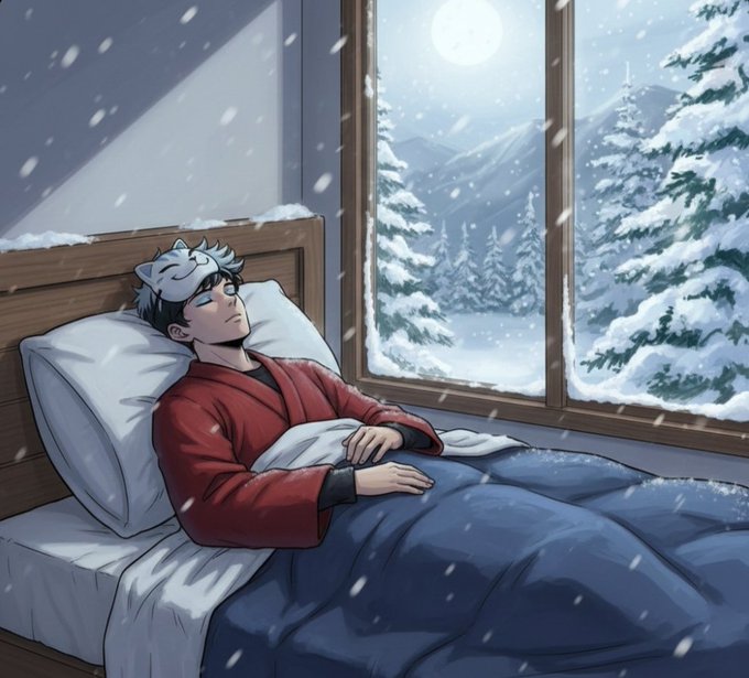 An anime-style illustration of a character with blue hair wearing a wolf hat and red robe sleeping in a bed beside a window, with snow falling outside against a backdrop of pine trees and a full moon.