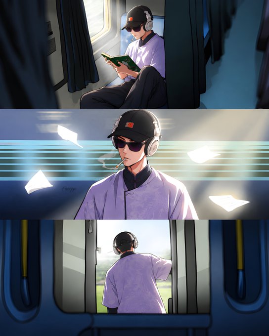 A three-panel anime-style illustration showing a character wearing headphones, a cap, and sunglasses, reading a book on a train with papers floating around them.