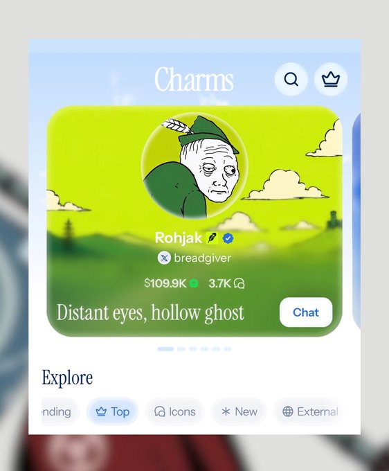 A Telegram Charms profile card displaying a wojak-style character labeled 'Rohjak' by 'breadgiver' with $109.9K and 3.7K followers, tagged with the phrase 'Distant eyes, hollow ghost'.