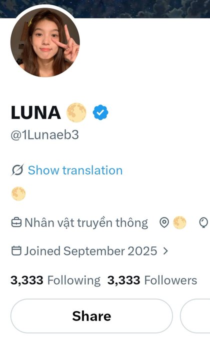 A Twitter/X profile screenshot for user 'LUNA' (@1Lunaeb3) showing 3,333 followers and following, joined September 2025.