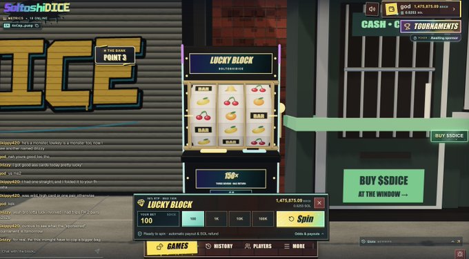 Screenshot of a 'SoftoshiDICE' gambling/gaming website showing a slot machine interface labeled 'LUCKY BLOCK' with a 160x payout popup, chat messages on the left, and a 'BUY $SDICE' option on the right.