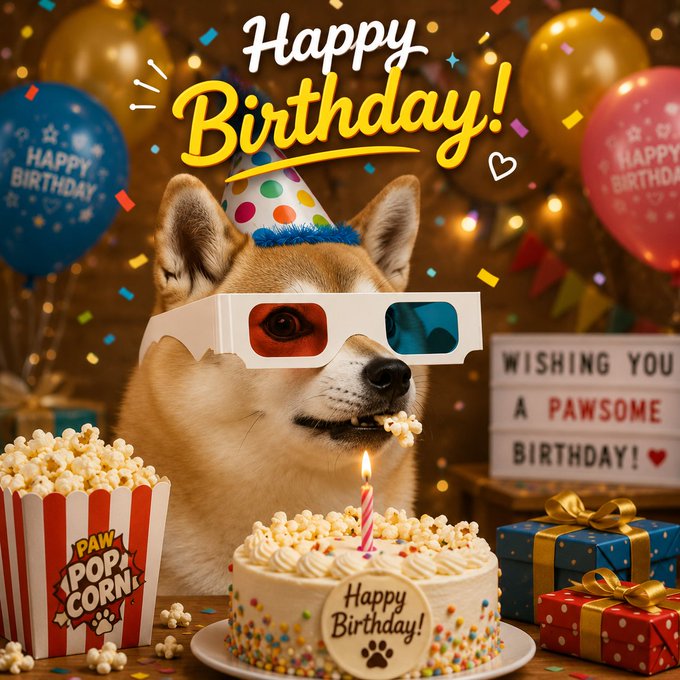 An AI-generated image of a Shiba Inu dog wearing 3D glasses and a party hat at a birthday celebration, with text reading 'Happy Birthday!', 'WISHING YOU A PAWSOME BIRTHDAY!', and a popcorn box labeled 'PAW POP CORN'.