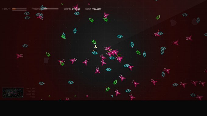 A screenshot of a retro-style space shooter video game with a dark red background, showing a player ship firing at numerous pink, green, and blue enemy ships, with HUD elements displaying 'HEALTH,' 'PEOPLE,' and 'SCORE.'