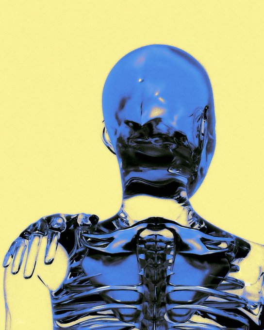 A digital 3D render shows a glossy, translucent blue humanoid figure with visible skeletal and mechanical features against a bright yellow background.