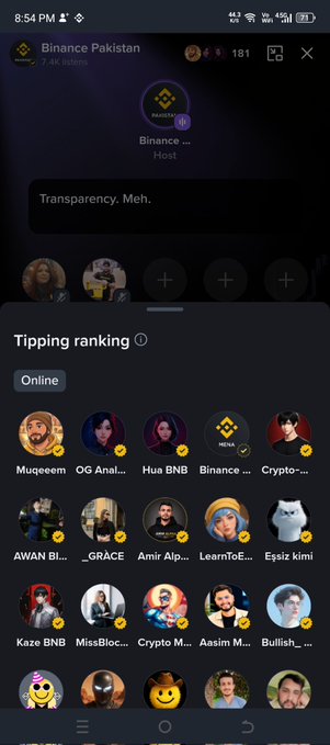 The image shows a Binance Square live session hosted by "Binance Host" with 7.4K users, displaying a "Tipping ranking" leaderboard featuring online users like Muqeem, OG AnaL..., Hua BNB, Crypto..., AWAN Bi..., GRACE, Amir Al..., LearnToE..., Eşsş kimi, Kaze BNB, MissBloc..., Aasim M..., and Bullish ... across multiple rows. This relates to the post by highlighting @BinancePk's first-ever live session on Binance Square, where @Tarmeimweb3 hosted on behalf of Binance Pakistan, with 181 viewers visible.