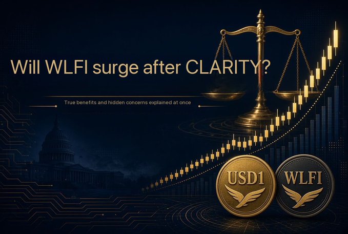 A promotional graphic asking 'Will WLFI surge after CLARITY?' featuring a golden scale of justice, rising stock chart lines, and two gold coins labeled 'USD1' and 'WLFI' against a dark blue background with a faint government building.