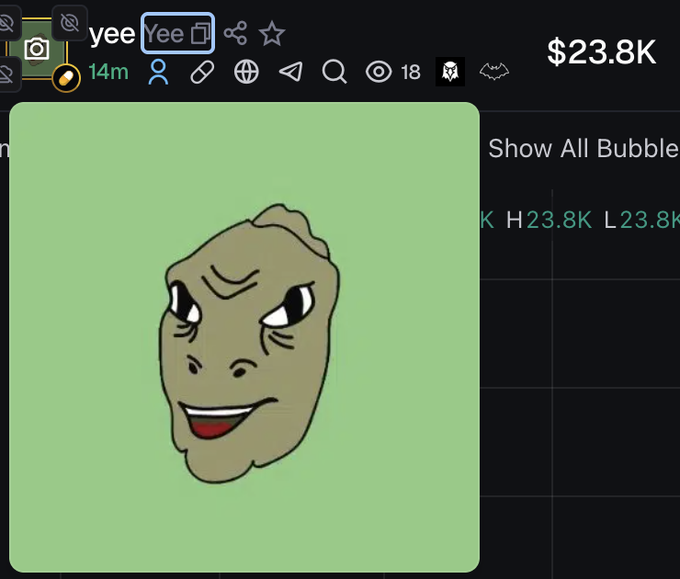 A cartoon Pepe-style illustration appears as the profile image for the token "yee" (ticker $yee, contract 6n9wscGtUoa82fC8U9r75RSdzUJ6mcNGVJrWZp5pbsVY), which is being pitched as a potential "PEPE" style runner on Solana. The image shows a green-hued Pepe-like character with a smirking expression on a light green background, with a market cap of $23.8K displayed.