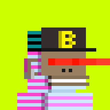 Pixel art character with a purple face wearing a black hat with a yellow 'B' logo and a pink-striped outfit on a lime green background, with a red censor bar over the mouth.