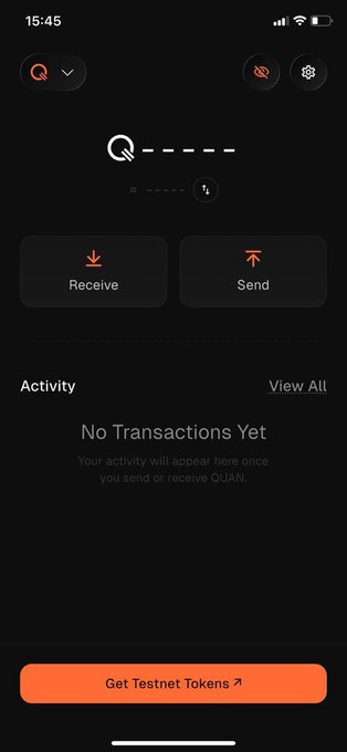 The image shows a mobile wallet interface for Quantus Network's testnet, displaying an empty account ("No Transactions Yet") with options to Receive or Send QUAN tokens, and a prominent "Get Testnet Tokens" button. The clean, minimalist design with simple navigation (Receive/Send buttons and a clearly labeled token faucet) visually supports the post's claim that Quantus's post-quantum security wallet is surprisingly easy to use despite its advanced cryptography.