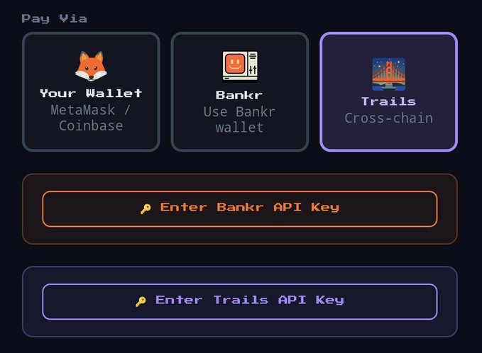 A payment interface titled "Pay via" showing three options: "Your Wallet" (MetaMask/Coinbase), "Bankr" (Use Bankr wallet), and the currently selected "Trails" (Cross-chain), with input fields to enter Bankr and Trails API keys. The image illustrates the cross-chain payment functionality referenced in the post about Harbor's integration with Trails by Polygon, enabling AI agents to conduct seamless payments across different blockchains.