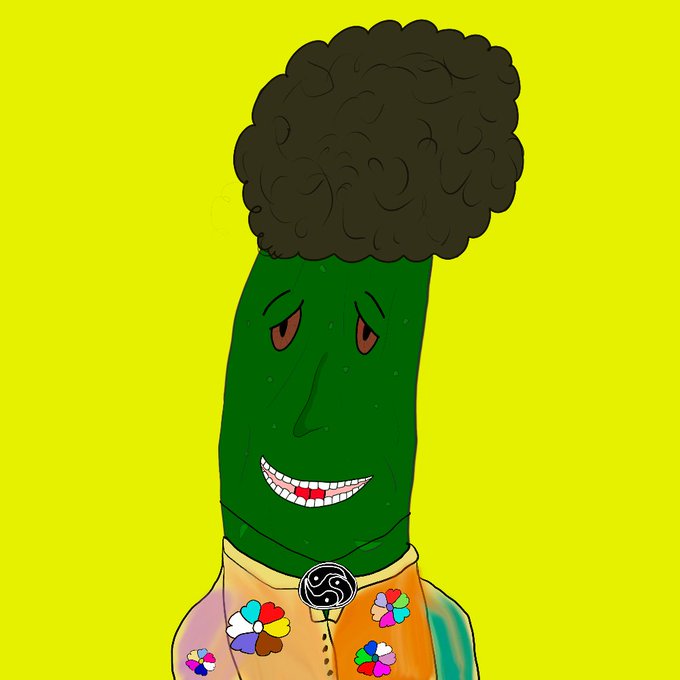 An illustration of a green pickle character with an afro hairstyle, wearing a colorful shirt adorned with rainbow flower patches, set against a yellow background.