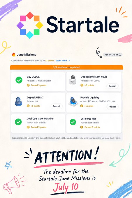 A 'Startale' June Missions page showing 3/6 missions completed (Buy USDC, Cool Cats Claw Machine, 0n1 Force Flip), with a reminder that the deadline is July 10.
