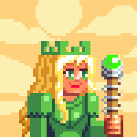 Pixel art of a blonde-haired princess character wearing a green dress and crown, holding a staff with a green gem, set against a yellow background.