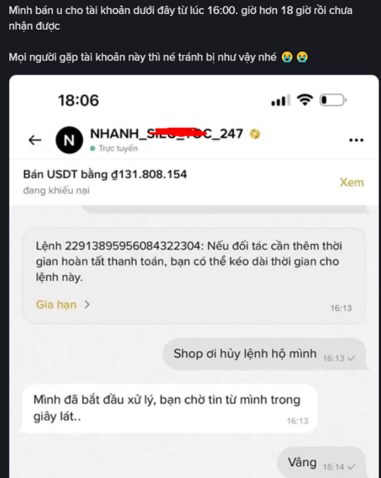 A Vietnamese Telegram message warns others to avoid account "NHANH_SHOP_247" after a USDT sale of 131,808,154 VND remained stuck since 16:00 with no resolution by 18:06, as shown in the chat where the seller repeatedly ignores the buyer's request to cancel order #22913895956084322304 and demands an extension instead.