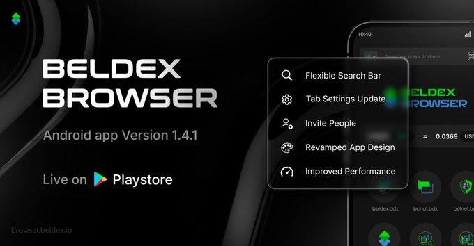 A promotional graphic for "BELDEX BROWSER" Android app Version 1.4.1, now "Live on Playstore," featuring a mockup of the browser interface and highlighting updates like a flexible search bar, tab settings, invite people, revamped app design, and improved performance. The image supports the post's message by showcasing Beldex's focus on integrating privacy-focused browsing tools directly into the browser experience.
