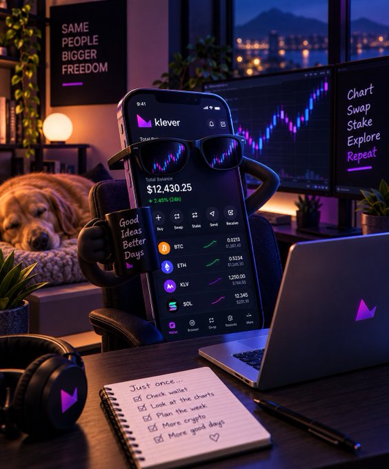 An anthropomorphized smartphone character named 'klever' wearing sunglasses sits at a desk displaying a crypto portfolio worth $12,430.25, with a 'SAME PEOPLE BIGGER FREEDOM' poster and a checklist reading 'Just once... Check wallet, Look at the charts, Plan the week, More crypto, More good days' visible.