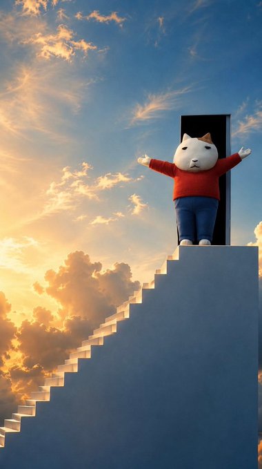 A cat character wearing a red sweater stands triumphantly at the top of a staircase against a dramatic sunset sky with outstretched arms. The image ties into the post's concern about AI versus authenticity, with the wholesome, dreamy scene serving as a visual plea for reassurance that the poster (referencing the $KET ticker) is genuinely real and not artificial.