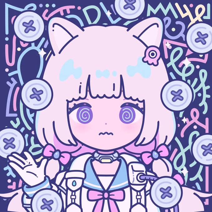 A pastel-colored anime-style illustration of a pink-haired cat-girl character with purple spiral eyes, surrounded by floating coins and abstract doodles on a dark purple background.