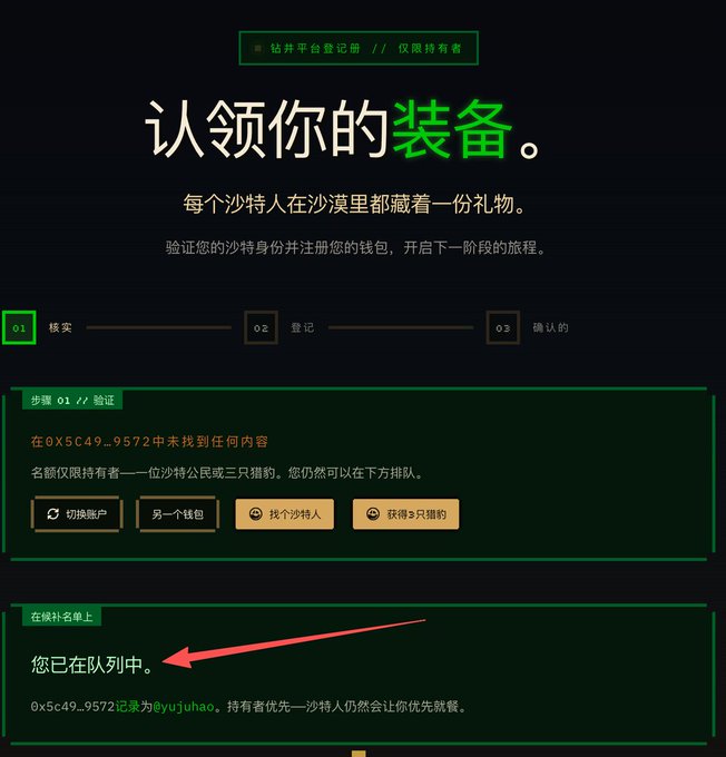 A Chinese-language registration page for "The Saudis" NFT project displays a wallet verification step showing the message "您已在队列中" (You are in the queue) with a red arrow pointing to it, confirming that the address 0x5c49...9572 has been recorded on the waitlist at thesaudis.cash/verify, aligning with the post's instructions to add a wallet and join the project's waitlist.