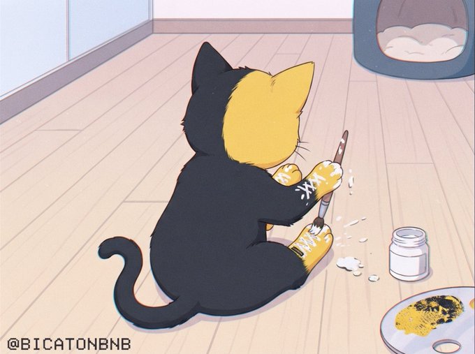 An illustration by @BICATONBNB shows a black and yellow calico cat sitting on a wooden floor, painting its own paw with a brush, with a small jar and paint palette nearby.