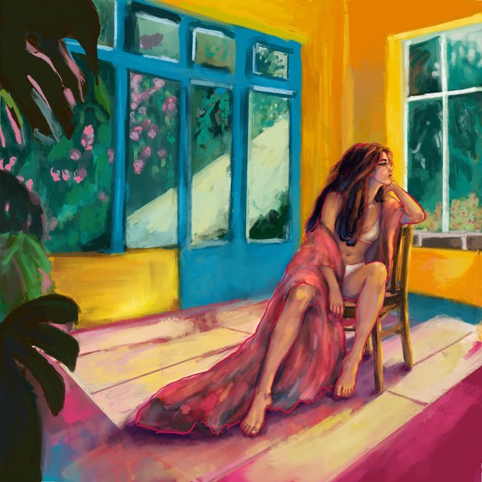 A colorful painted illustration shows a woman in a flowing pink dress sitting on a wooden chair on a pink rug, surrounded by bright yellow walls, blue-framed windows, and lush green plants.