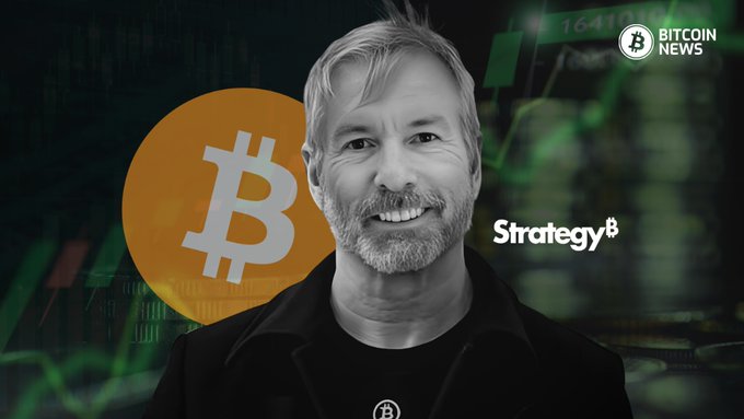 The image features Michael Saylor, executive chairman of Strategy (formerly MicroStrategy), smiling in a black shirt with a Bitcoin logo, set against a backdrop of green stock charts and the Strategy and Bitcoin News logos. It relates to the post by highlighting Saylor as the central figure behind Strategy's tokenization efforts, following news that the SEC's innovation exemption enables round-the-clock onchain trading of tokenized MSTR and STRC securities.