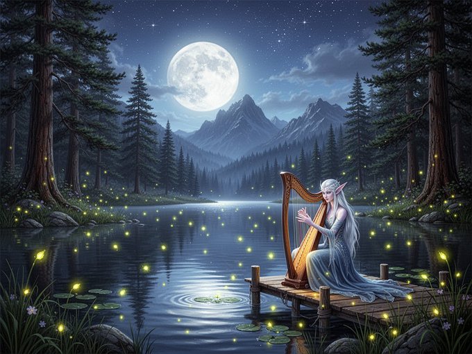 A fantasy digital artwork depicting an elf woman with long white hair playing a harp on a wooden dock by a moonlit lake surrounded by pine trees and glowing fireflies.