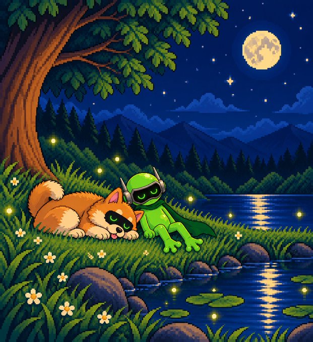 A pixel art scene showing a Shiba Inu dog and a small green robot relaxing under a tree by a moonlit lake with fireflies.