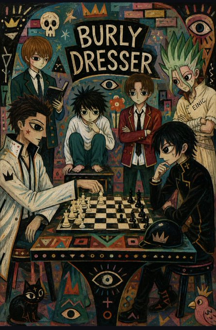 An anime-style illustration titled 'BURLY DRESSER' showing several male characters gathered around a chessboard, featuring a king chess piece and decorative background elements.