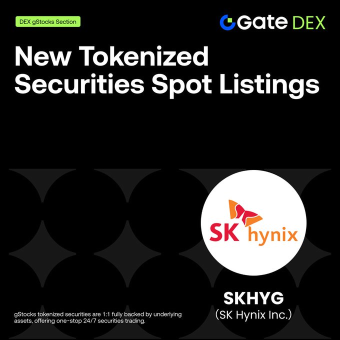 Gate DEX announces a new tokenized securities spot listing for $SKHYG (SK Hynix Inc.) in the DEX gStocks Section, highlighting that gStocks tokenized securities are 1:1 fully backed by underlying assets for 24/7 trading.