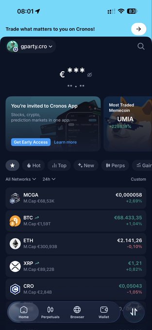 A smartphone screenshot of the Cronos crypto trading app displaying the URL 'gparty.cro' and a list of cryptocurrencies including MCGA (€0.000058), BTC (€68,433.35), ETH, XRP, and CRO.