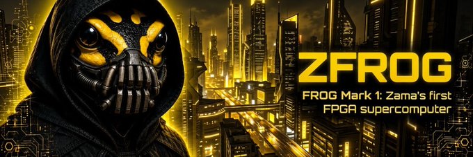 A stylized masked frog character in a dark hood stands against a neon-lit cyberpunk cityscape backdrop, with the text "ZFROG — FROG Mark 1: Zama's first FPGA supercomputer" displayed in bold yellow lettering, serving as a futuristic banner for the Solana token $ZFROG.