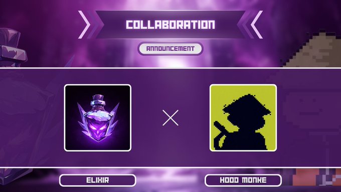 Gaming collaboration announcement screen featuring a purple elixir potion item labeled 'ELIXIR' and a silhouetted character labeled 'HOOD MONKE' with an 'x' between them under a 'COLLABORATION ANNOUNCEMENT' banner.