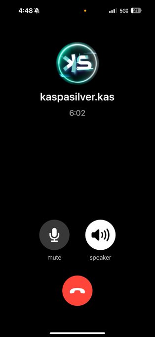A phone call screen displays an active call with "kaspasilver.kas" lasting 6:02, featuring mute, speaker, and end call buttons. The image confirms the ongoing phone conversation with @KaspaSilver mentioned in the post, though it's via voice call rather than on KaChat.