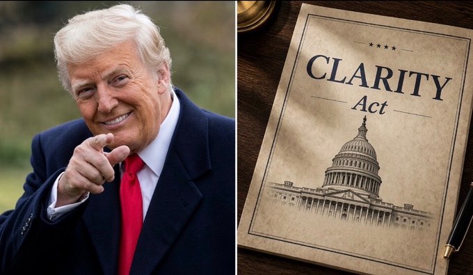 President Trump smiles and points at the camera alongside a document titled "CLARITY Act" featuring an illustration of the U.S. Capitol, visually representing his reported meetings with advisers to advance the cryptocurrency regulation bill ahead of the Senate vote.