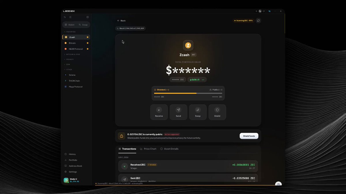 The image shows a computer screen displaying a page with a black background featuring a Bitcoin wallet interface. The wallet has a "Zcash" icon next to a "Check Balance" button, indicating that the user can check their balance or transaction history. The text on the screen reads "If you think Zcash is down, it's probably a good time download LeoDex". This message suggests that there might be an issue with the Bitcoin wallet service and encourages users to consider updating the wallet software for better performance.
