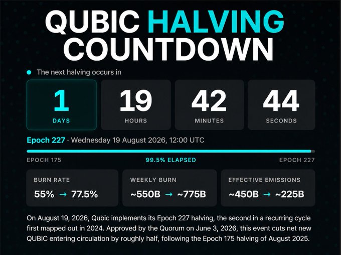 The image shows a "QUBIC HALVING COUNTDOWN" dashboard displaying that the next halving (Epoch 227) will occur on Wednesday, August 19, 2026, in 1 day, 19 hours, 42 minutes, 44 seconds, with a progress bar showing 99.5% elapsed from Epoch 175 to 227. The dashboard illustrates the post's point about halving mechanics, showing the burn rate increasing from 55% to 77.5% and effective emissions dropping from ~450B to ~225B QUBIC per week—visually supporting the argument that while gross emissions remain at 1,000B weekly, the net circulating supply is cut roughly in half.