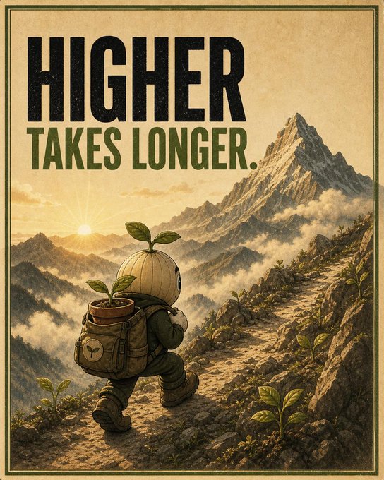 A vintage-style motivational poster featuring the text 'HIGHER TAKES LONGER.' above an illustration of a small plant-headed figure with a backpack hiking up a rocky mountain trail toward a snow-capped peak.