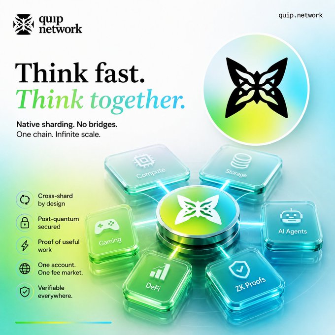 A promotional graphic for 'quip network' (quip.network) with the tagline 'Think fast. Think together.', highlighting features like native sharding, cross-shard by design, and post-quantum security, with 3D cubes labeled for Compute, Storage, Gaming, AI Agents, DeFi, and ZK Proofs.
